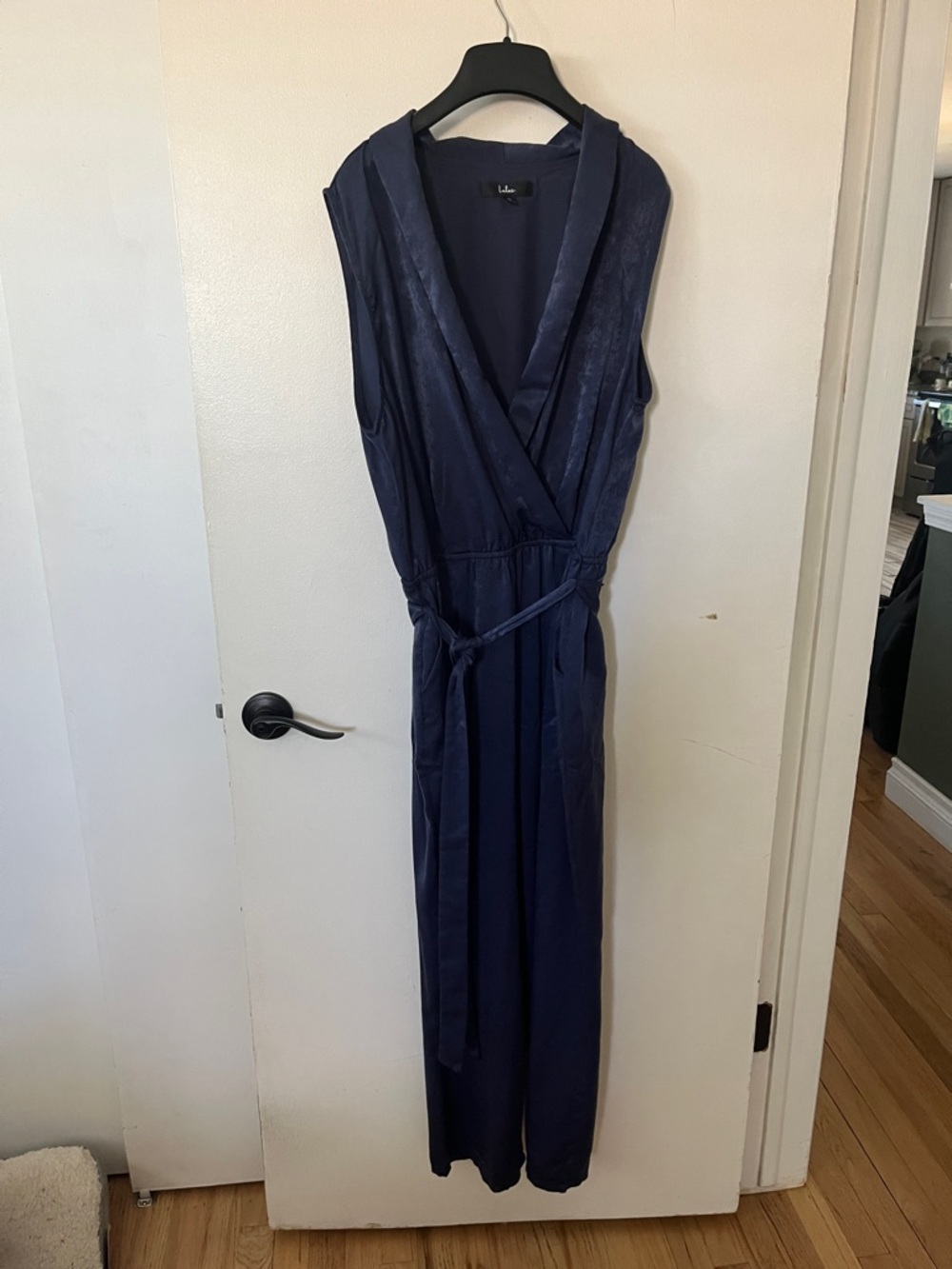 Sleeveless Navy Wrap Dress with Waist Tie